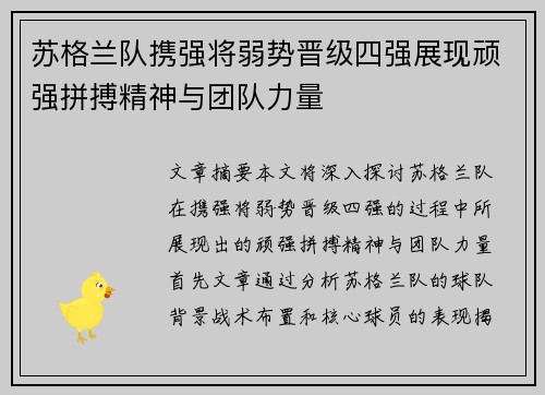 苏格兰队携强将弱势晋级四强展现顽强拼搏精神与团队力量