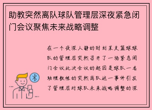 助教突然离队球队管理层深夜紧急闭门会议聚焦未来战略调整