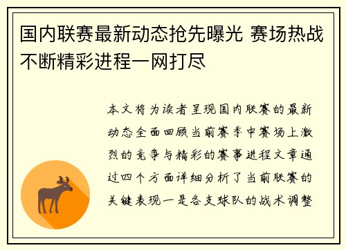 国内联赛最新动态抢先曝光 赛场热战不断精彩进程一网打尽