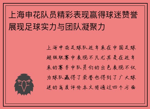 上海申花队员精彩表现赢得球迷赞誉展现足球实力与团队凝聚力