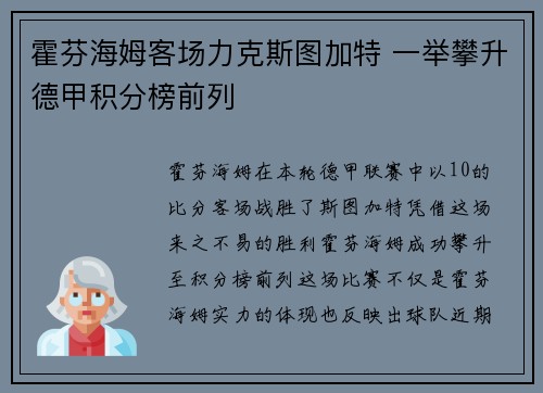 霍芬海姆客场力克斯图加特 一举攀升德甲积分榜前列