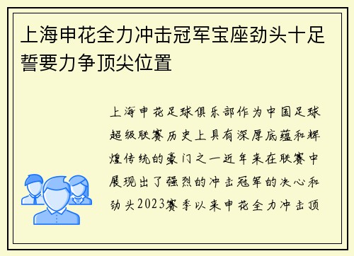 上海申花全力冲击冠军宝座劲头十足誓要力争顶尖位置